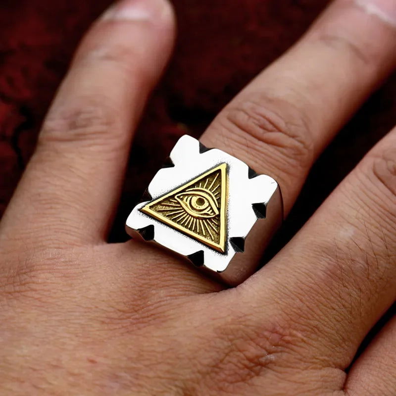 Square All-Seeing Eye of Providence Ring Mens - Illuminati / Eye of God - Triangle Pyramid - Stainless Steel Silver & Gold - Unisex - That Rock Aesthetic