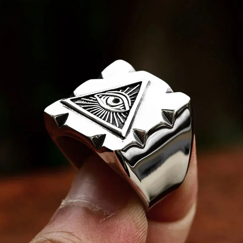 Square All-Seeing Eye of Providence Ring Mens - Illuminati / Eye of God - Triangle Pyramid - Stainless Steel Silver & Gold - Unisex - That Rock Aesthetic