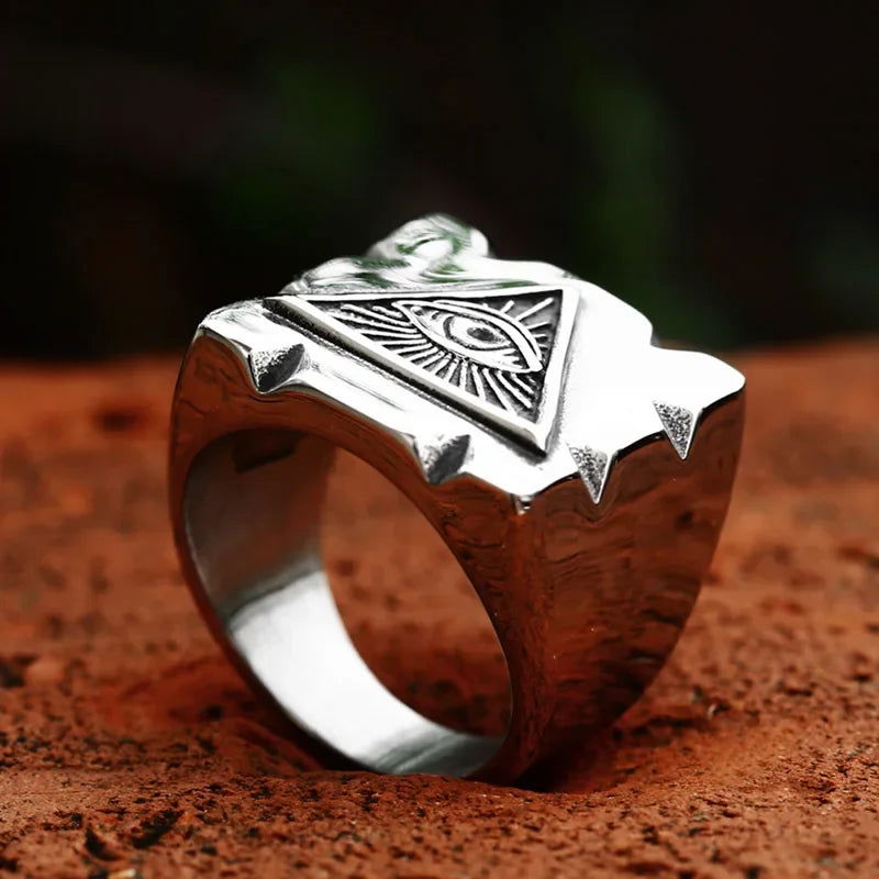 Square All-Seeing Eye of Providence Ring Mens - Illuminati / Eye of God - Triangle Pyramid - Stainless Steel Silver & Gold - Unisex - That Rock Aesthetic