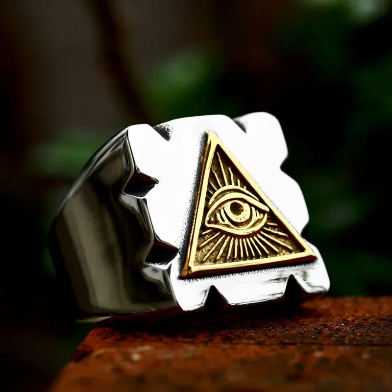 Square All-Seeing Eye of Providence Ring Mens - Illuminati / Eye of God - Triangle Pyramid - Stainless Steel Silver & Gold - Unisex - That Rock Aesthetic