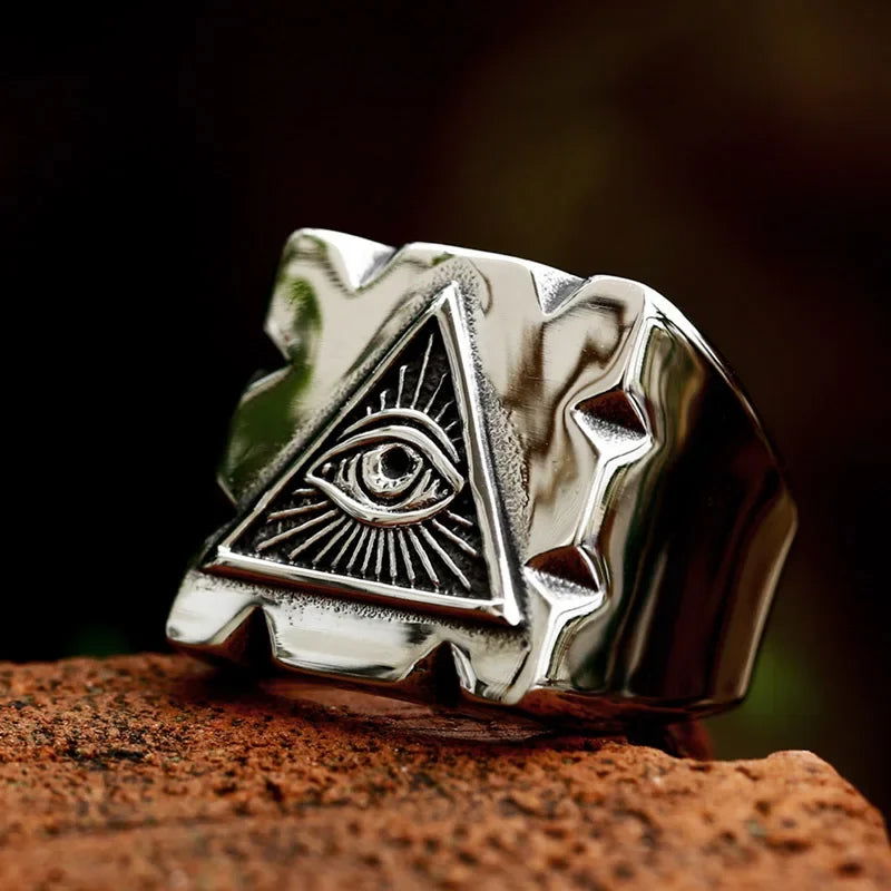 Square All-Seeing Eye of Providence Ring Mens - Illuminati / Eye of God - Triangle Pyramid - Stainless Steel Silver & Gold - Unisex - That Rock Aesthetic