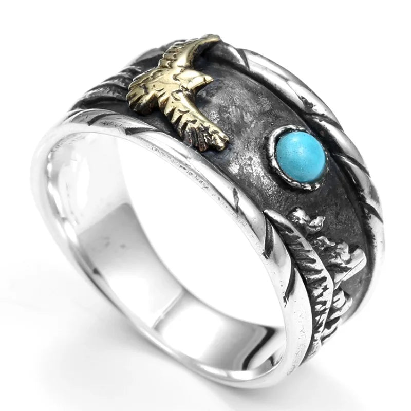 Hawk Western Landscape Mens Turquoise Ring - Stainless Steel Silver with Gold - Unisex - Adjustable - That Rock Aesthetic