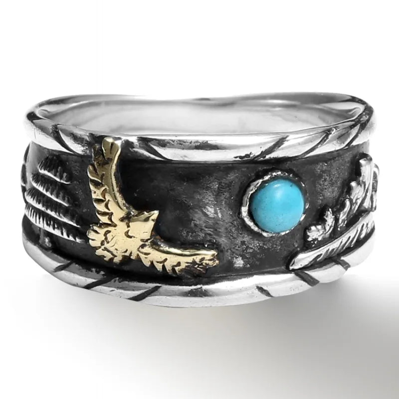 Hawk Western Landscape Mens Turquoise Ring - Stainless Steel Silver with Gold - Unisex - Adjustable - That Rock Aesthetic