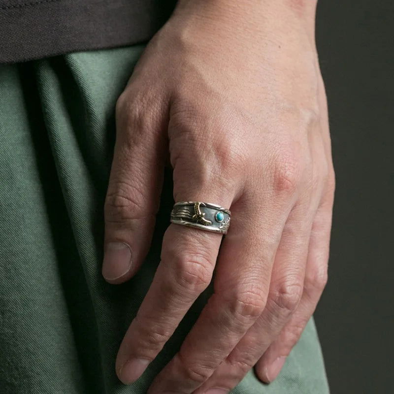 Hawk Western Landscape Mens Turquoise Ring - Stainless Steel Silver with Gold - Unisex - Adjustable - That Rock Aesthetic