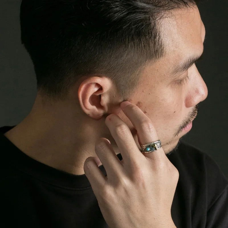 Hawk Western Landscape Mens Turquoise Ring - Stainless Steel Silver with Gold - Unisex - Adjustable - That Rock Aesthetic