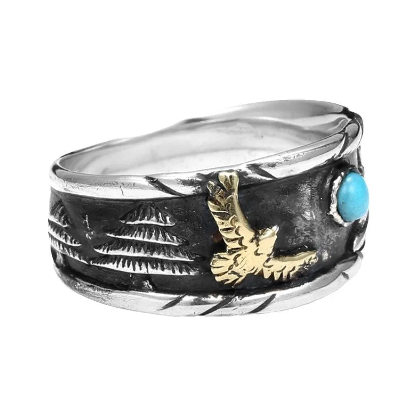 Hawk Western Landscape Mens Turquoise Ring - Stainless Steel Silver with Gold - Unisex - Adjustable - That Rock Aesthetic