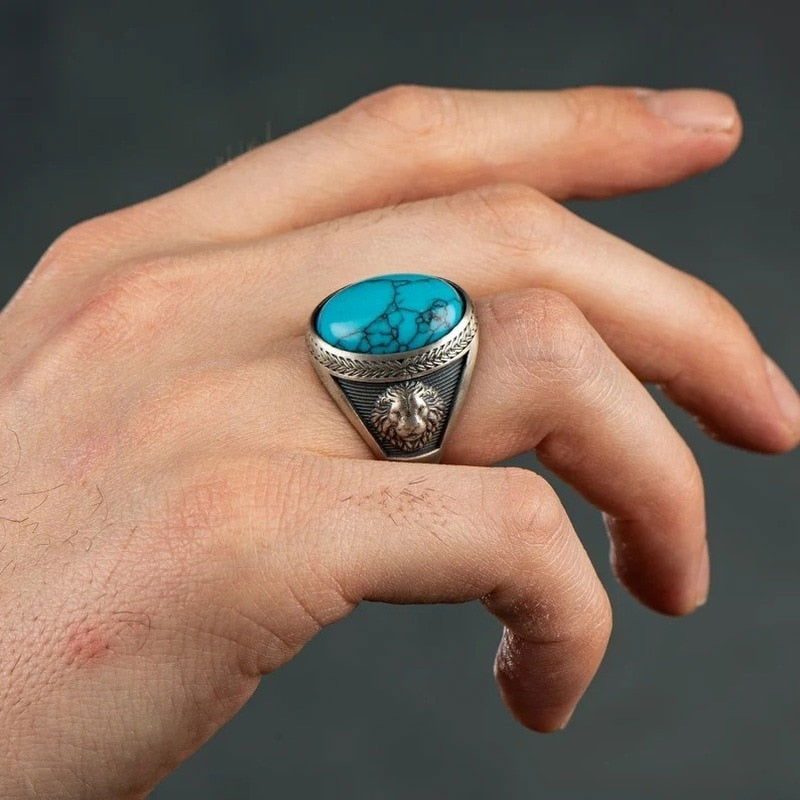 Oval Turquoise Mens Lion Ring - Silver - Unisex - That Rock Aesthetic