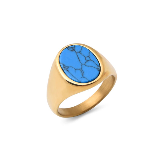 Turquoise Round Mens Gemstone Ring - Stainless Steel Gold - Unisex - That Rock Aesthetic
