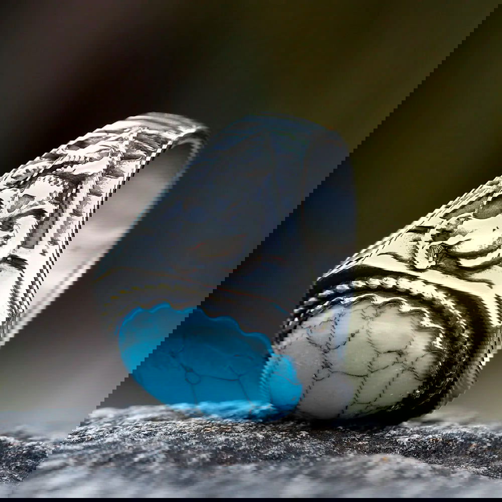 Turquoise Skull Snake Gemstone Mens Ring - Stainless Steel Silver - Unisex - That Rock Aesthetic