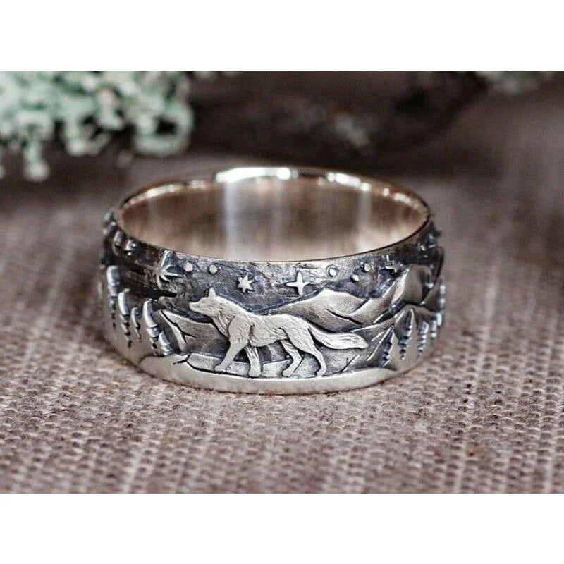 Wolf Western Landscape Mens Ring - Silver - Unisex - That Rock Aesthetic