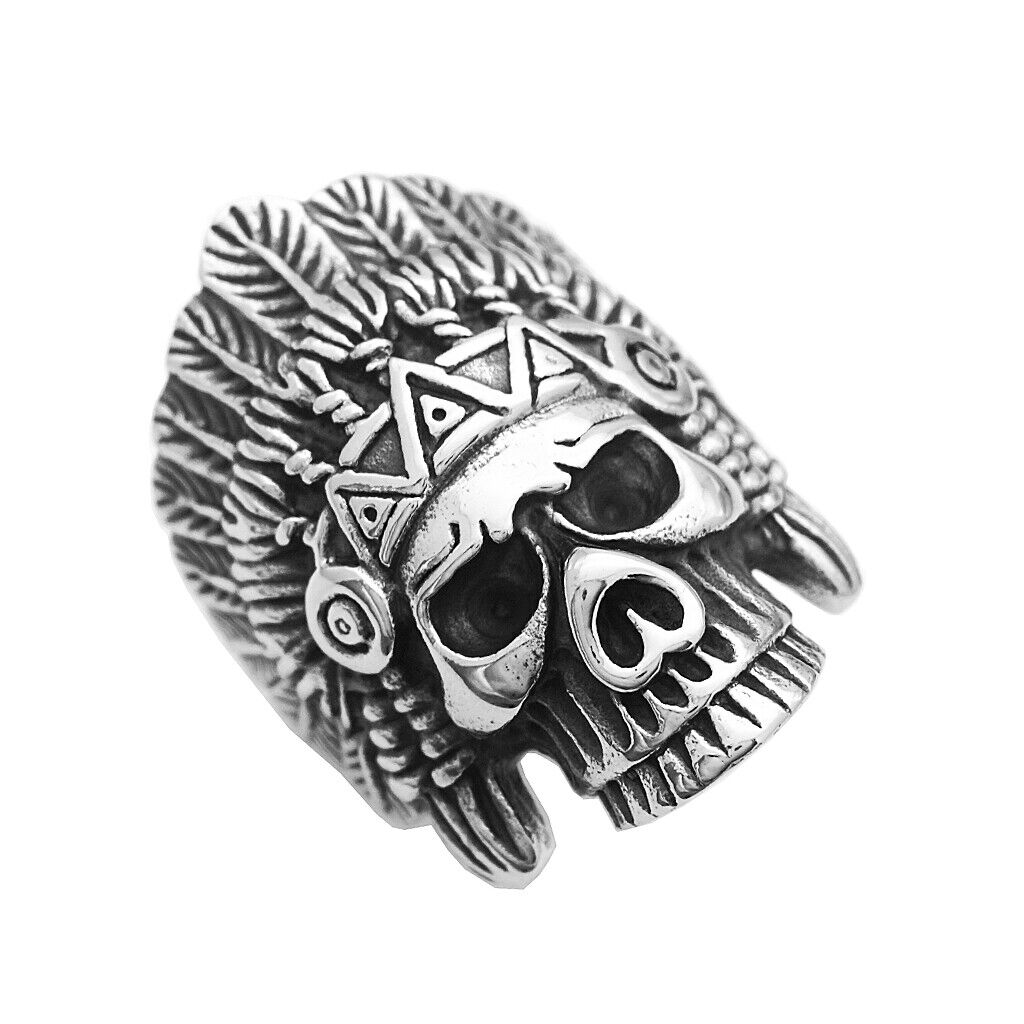 Native American Indian Chief Skull Mens Ring - Stainless Steel Silver - Unisex