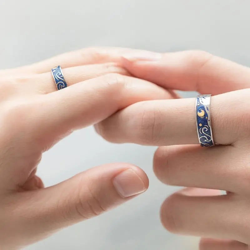 2x Vincent Van Gogh Starry Night Ring Couples Set - 925 Sterling Silver - Unisex - Adjustable - That Rock Aesthetic