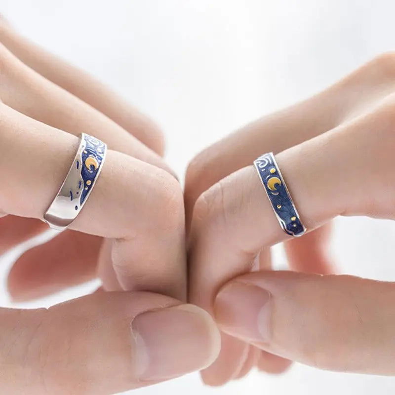 2x Vincent Van Gogh Starry Night Ring Couples Set - 925 Sterling Silver - Unisex - Adjustable - That Rock Aesthetic