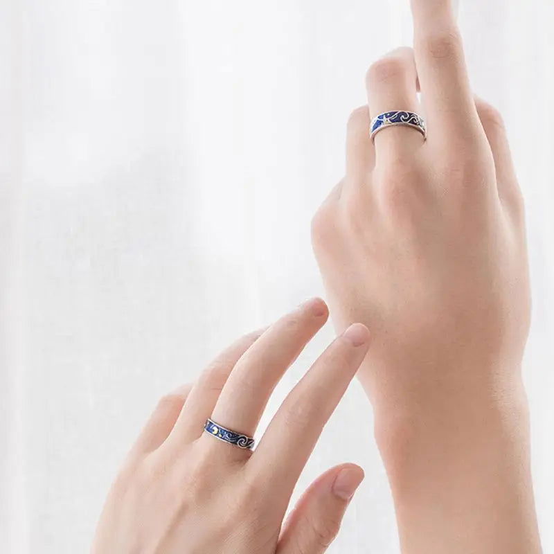 2x Vincent Van Gogh Starry Night Ring Couples Set - 925 Sterling Silver - Unisex - Adjustable - That Rock Aesthetic