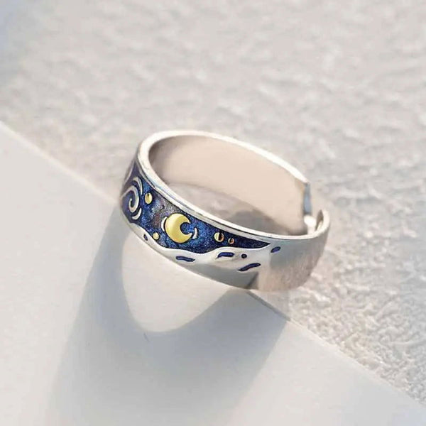2x Vincent Van Gogh Starry Night Ring Couples Set 925 Sterling