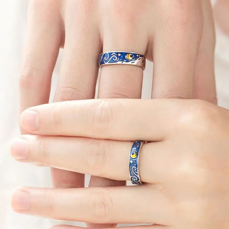 2x Vincent Van Gogh Starry Night Ring Couples Set - 925 Sterling Silver - Unisex - Adjustable - That Rock Aesthetic