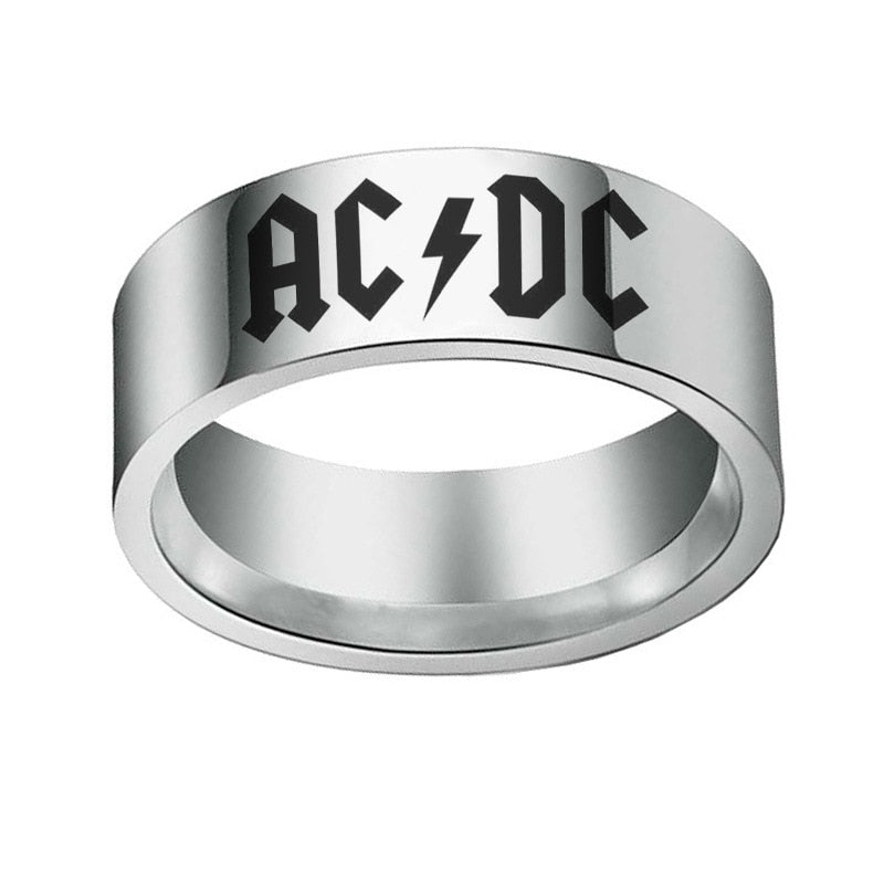 AC/DC Ring Mens Music Ring - Stainless Steel Silver & Black - Unisex - That Rock Aesthetic