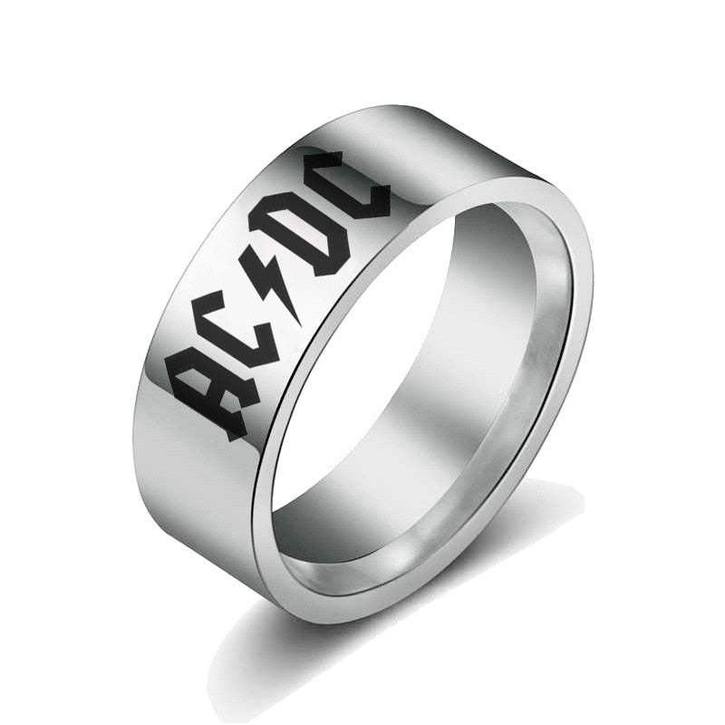 AC/DC Ring Mens Music Ring - Stainless Steel Silver & Black - Unisex - That Rock Aesthetic