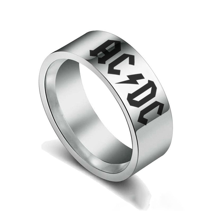 AC/DC Ring Mens Music Ring - Stainless Steel Silver & Black - Unisex - That Rock Aesthetic