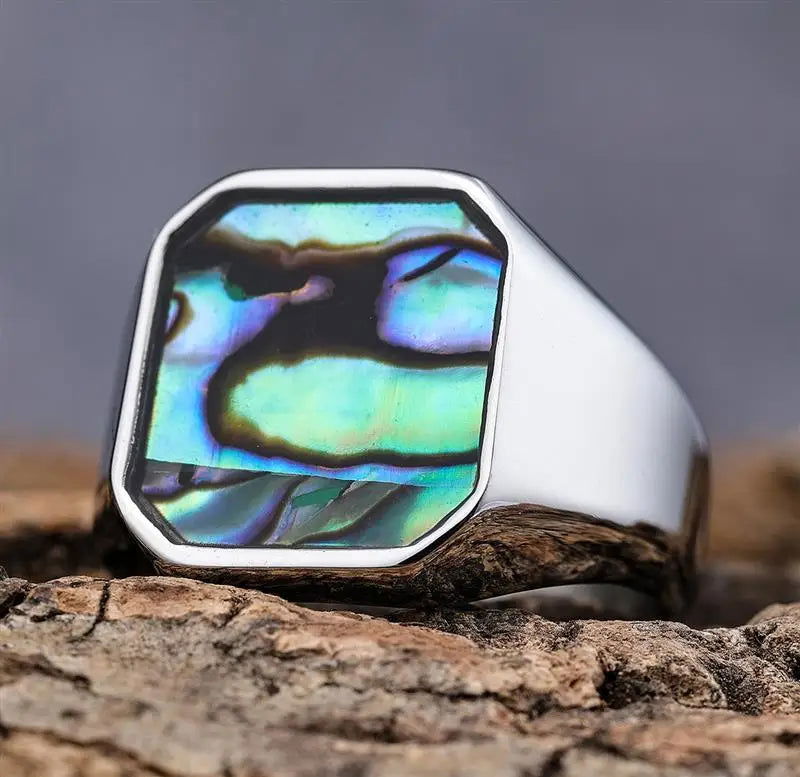 Abalone Shell Ring Mens Gemstone - Stainless Steel Silver & Gold - Unisex - That Rock Aesthetic