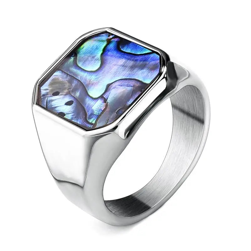 Abalone Shell Ring Mens Gemstone - Stainless Steel Silver & Gold - Unisex - That Rock Aesthetic