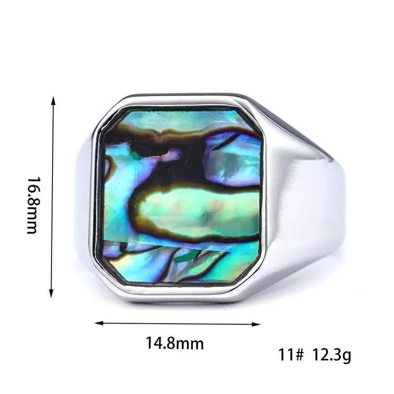 Abalone Shell Ring Mens Gemstone - Stainless Steel Silver & Gold - Unisex - That Rock Aesthetic