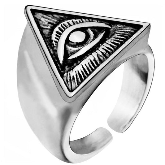 Triangle All-Seeing Eye of Providence Ring Mens - Illuminati / Eye of God - Silver & Gold - Unisex - Adjustable - That Rock Aesthetic