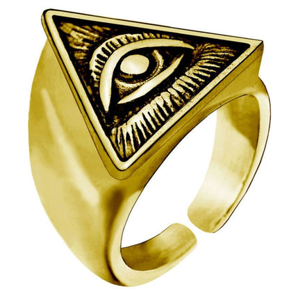 Triangle All-Seeing Eye of Providence Ring Mens - Illuminati / Eye of God - Silver & Gold - Unisex - Adjustable - That Rock Aesthetic
