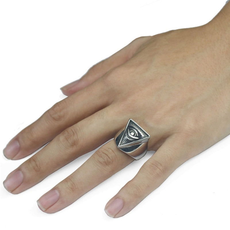 Triangle All-Seeing Eye of Providence Ring Mens - Illuminati / Eye of God - Silver & Gold - Unisex - Adjustable - That Rock Aesthetic