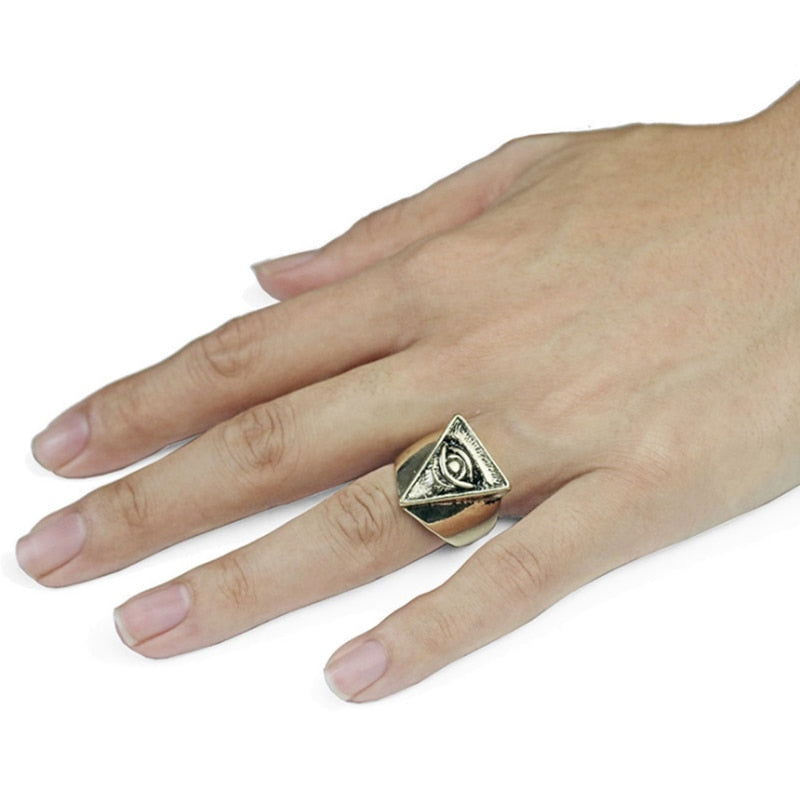 Triangle All-Seeing Eye of Providence Ring Mens - Illuminati / Eye of God - Silver & Gold - Unisex - Adjustable - That Rock Aesthetic