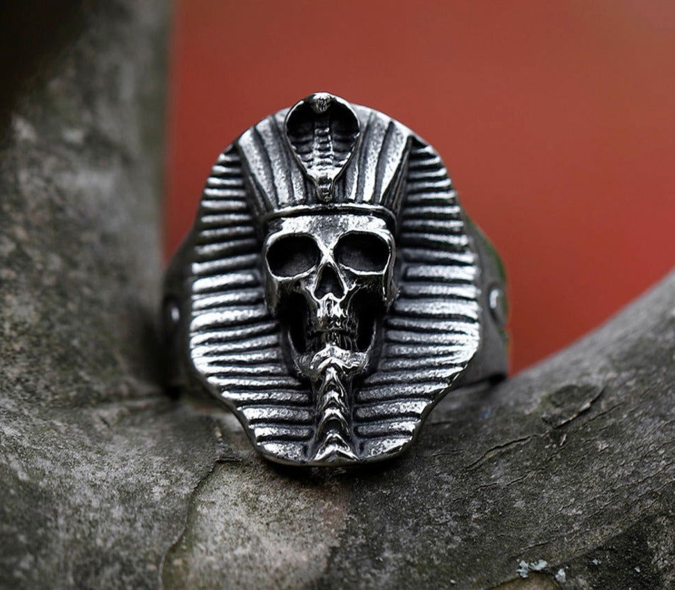 Snake Skull Ancient Egyptian Pharoah Ring Mens - Stainless Steel Silver - Unisex - That Rock Aesthetic