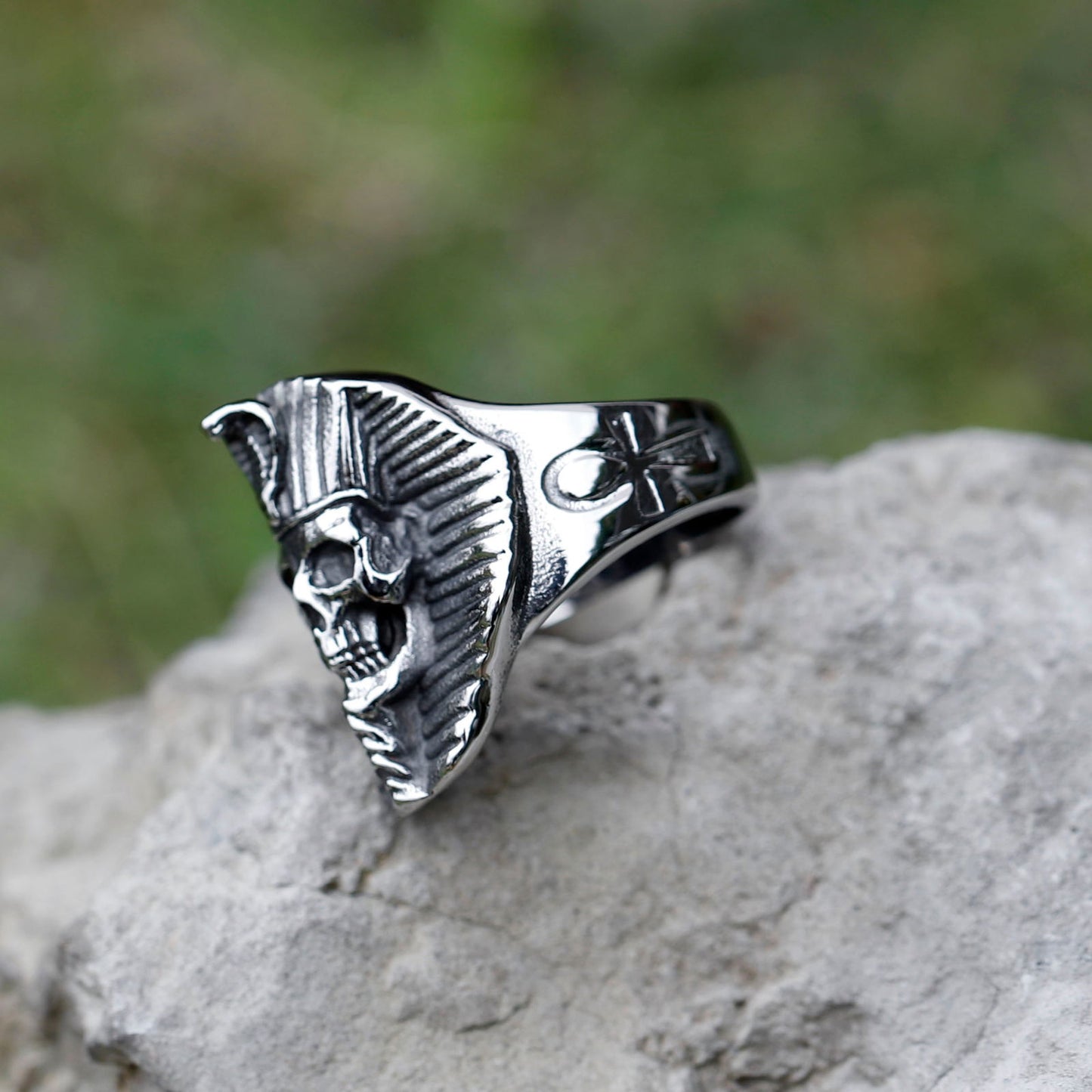 Snake Skull Ancient Egyptian Pharoah Ring Mens - Stainless Steel Silver - Unisex - That Rock Aesthetic