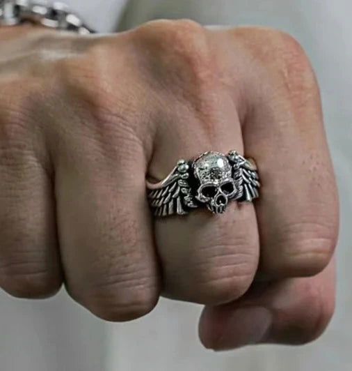 Angel Wing Skull Ring Mens - Silver - Unisex - Adjustable - That Rock Aesthetic