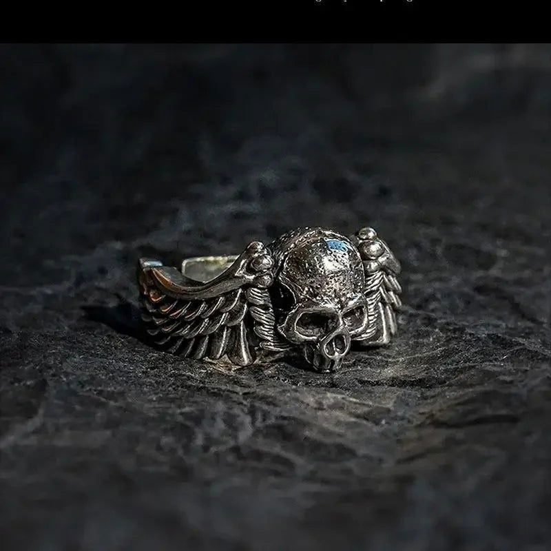 Angel Wing Skull Ring Mens - Silver - Unisex - Adjustable - That Rock Aesthetic