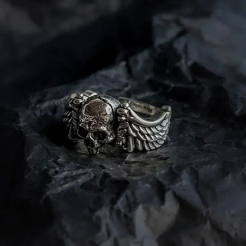 Angel Wing Skull Ring Mens - Silver - Unisex - Adjustable - That Rock Aesthetic