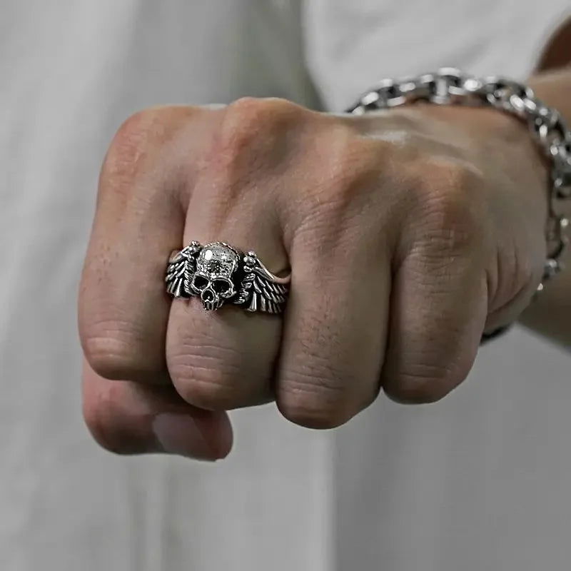Angel Wing Skull Ring Mens - Silver - Unisex - Adjustable - That Rock Aesthetic