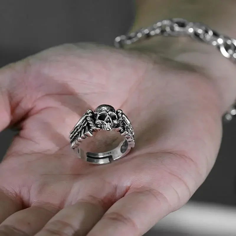 Angel Wing Skull Ring Mens - Silver - Unisex - Adjustable - That Rock Aesthetic