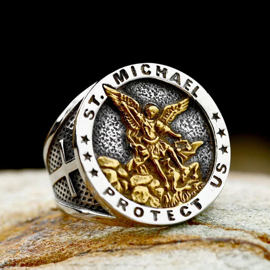 Archangel St. Michael Mens Signet Ring - Stainless Steel Silver & Gold - Unisex - That Rock Aesthetic