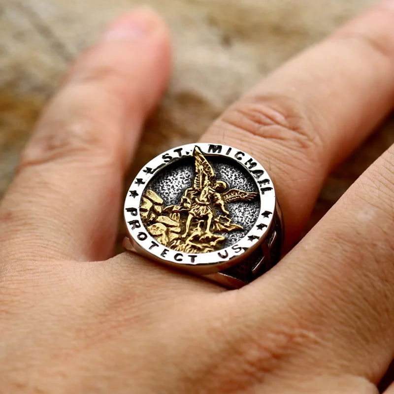Archangel St. Michael Mens Signet Ring - Stainless Steel Silver & Gold - Unisex - That Rock Aesthetic
