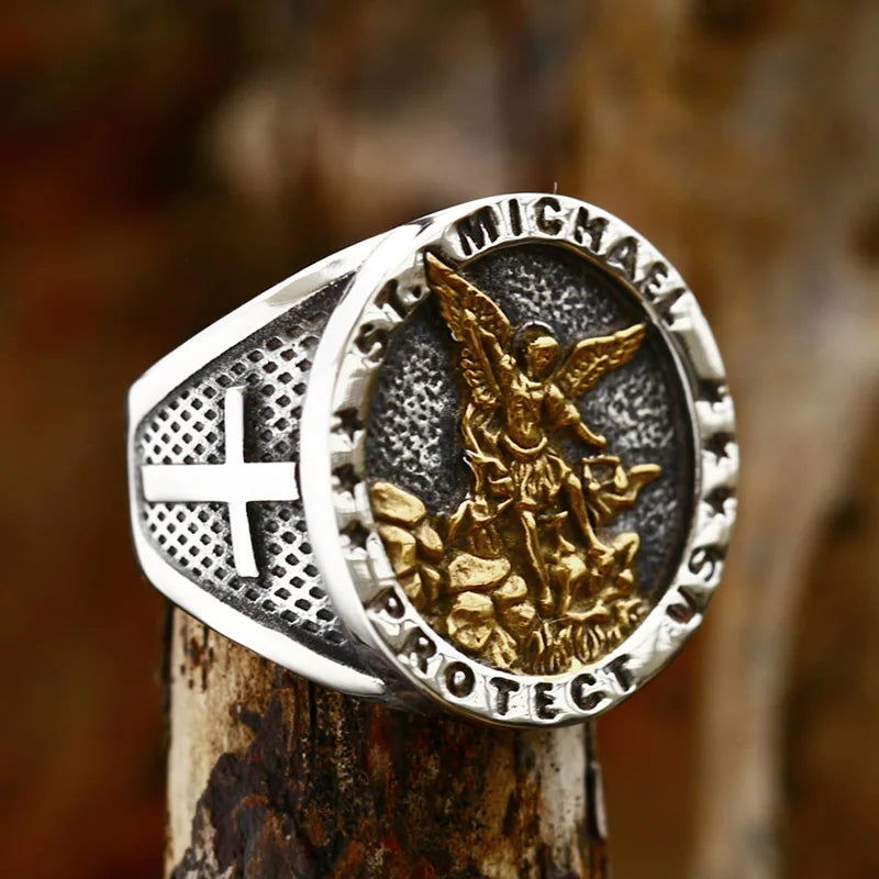 Archangel St. Michael Mens Signet Ring - Stainless Steel Silver & Gold - Unisex - That Rock Aesthetic