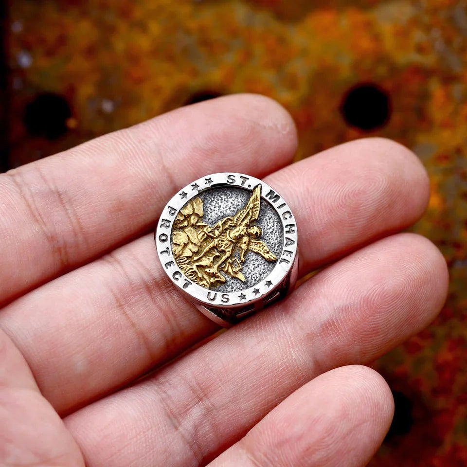 Archangel St. Michael Mens Signet Ring - Stainless Steel Silver & Gold - Unisex - That Rock Aesthetic