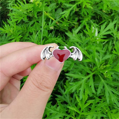 Gothic Angel Devil Heart Ring - Silver with Onyx or Ruby Gemstone - Unisex - Adjustable - That Rock Aesthetic