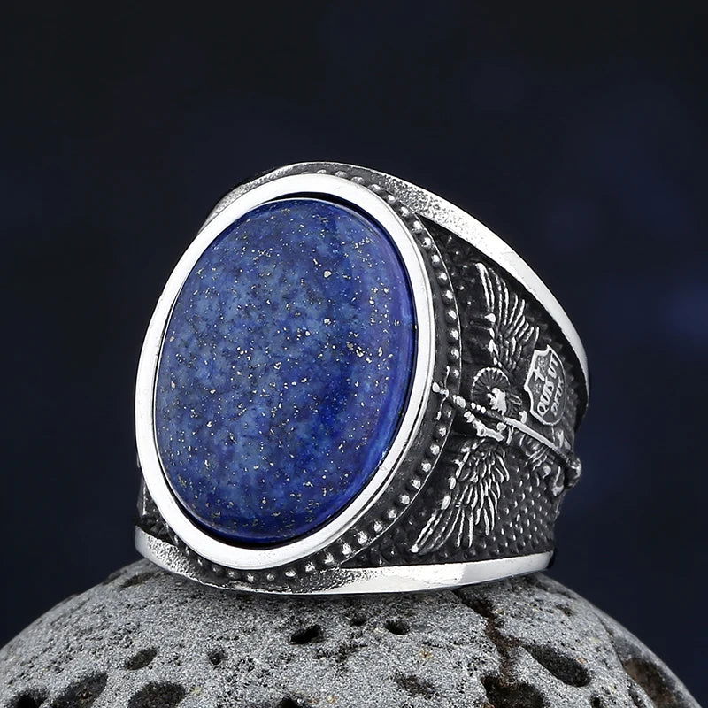 Blue Lapis Lazuli Archangel Mens Gemstone Ring - Stainless Steel Silver - Unisex - That Rock Aesthetic