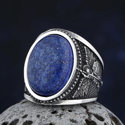Blue Lapis Lazuli Archangel Mens Gemstone Ring - Stainless Steel Silver - Unisex - That Rock Aesthetic