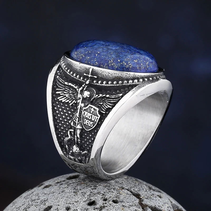 Blue Lapis Lazuli Archangel Mens Gemstone Ring - Stainless Steel Silver - Unisex - That Rock Aesthetic