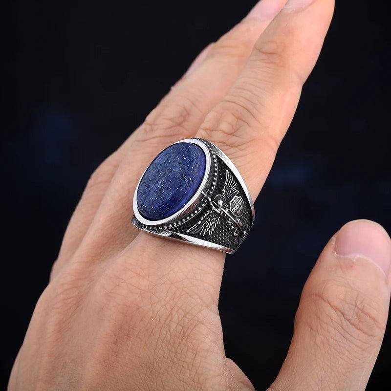 Blue Lapis Lazuli Archangel Mens Gemstone Ring - Stainless Steel Silver - Unisex - That Rock Aesthetic