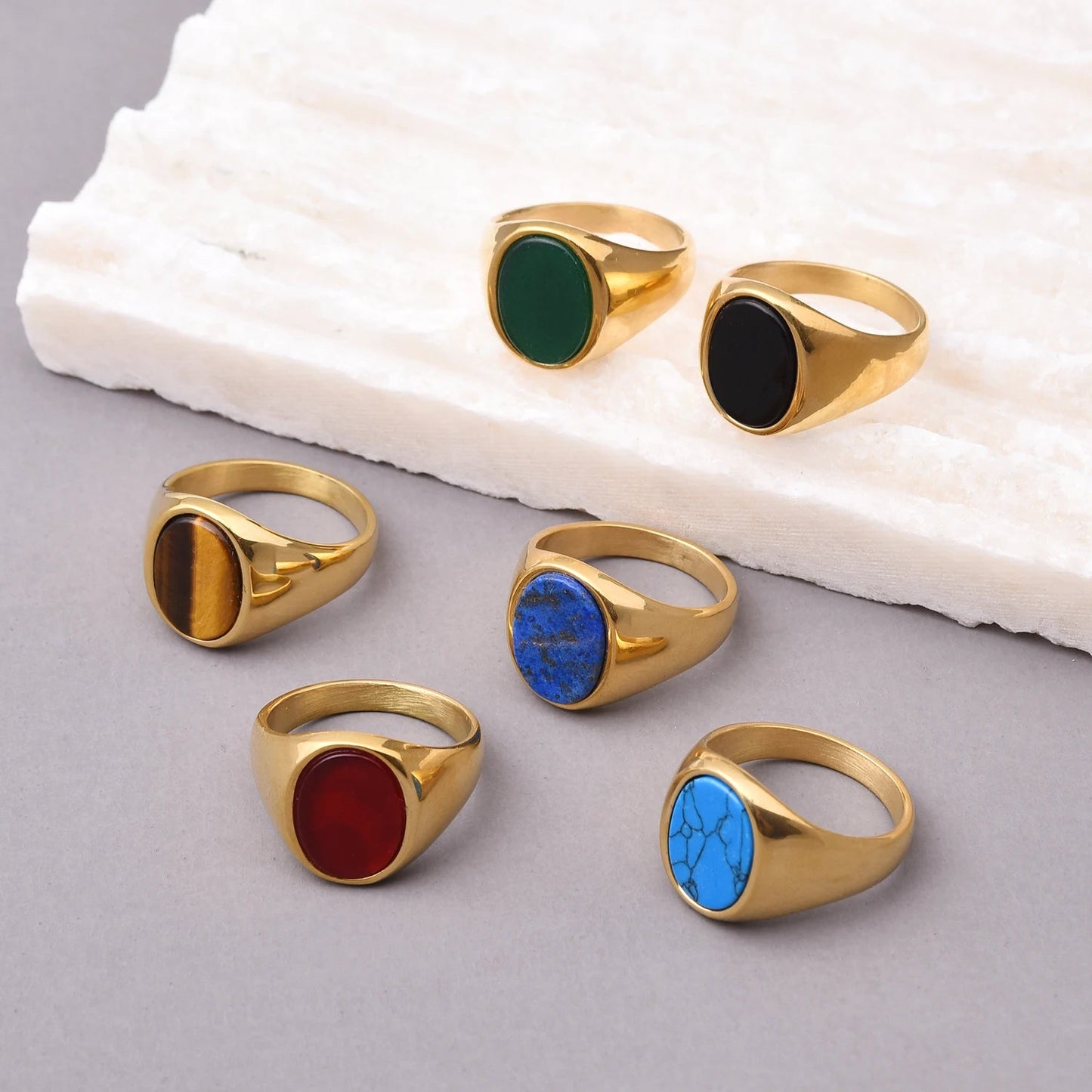 Blue Lapis Lazuli Round Mens Gemstone Ring - Stainless Steel Gold - Unisex - That Rock Aesthetic
