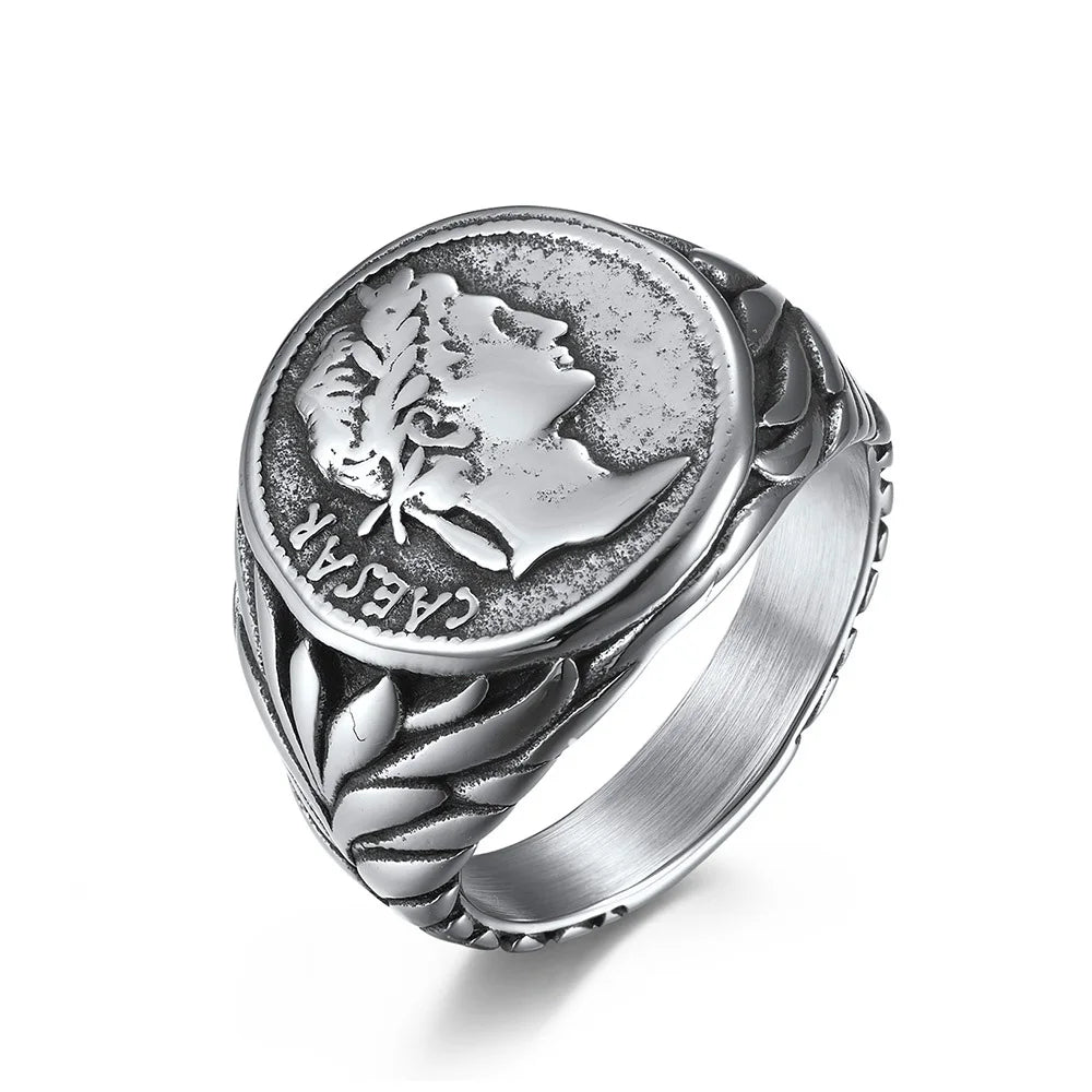 Caesar Ancient Rome Mens Signet Roman Coin Ring - Stainless Steel Silver & Gold - Unisex - That Rock Aesthetic