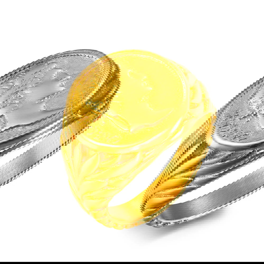 Caesar Ancient Rome Mens Signet Roman Coin Ring - Stainless Steel Silver & Gold - Unisex - That Rock Aesthetic