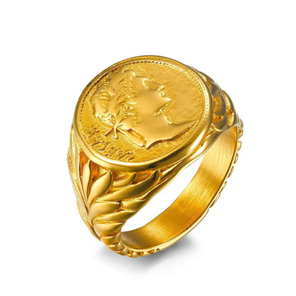 Caesar Ancient Rome Mens Signet Roman Coin Ring - Stainless Steel Silver & Gold - Unisex - That Rock Aesthetic